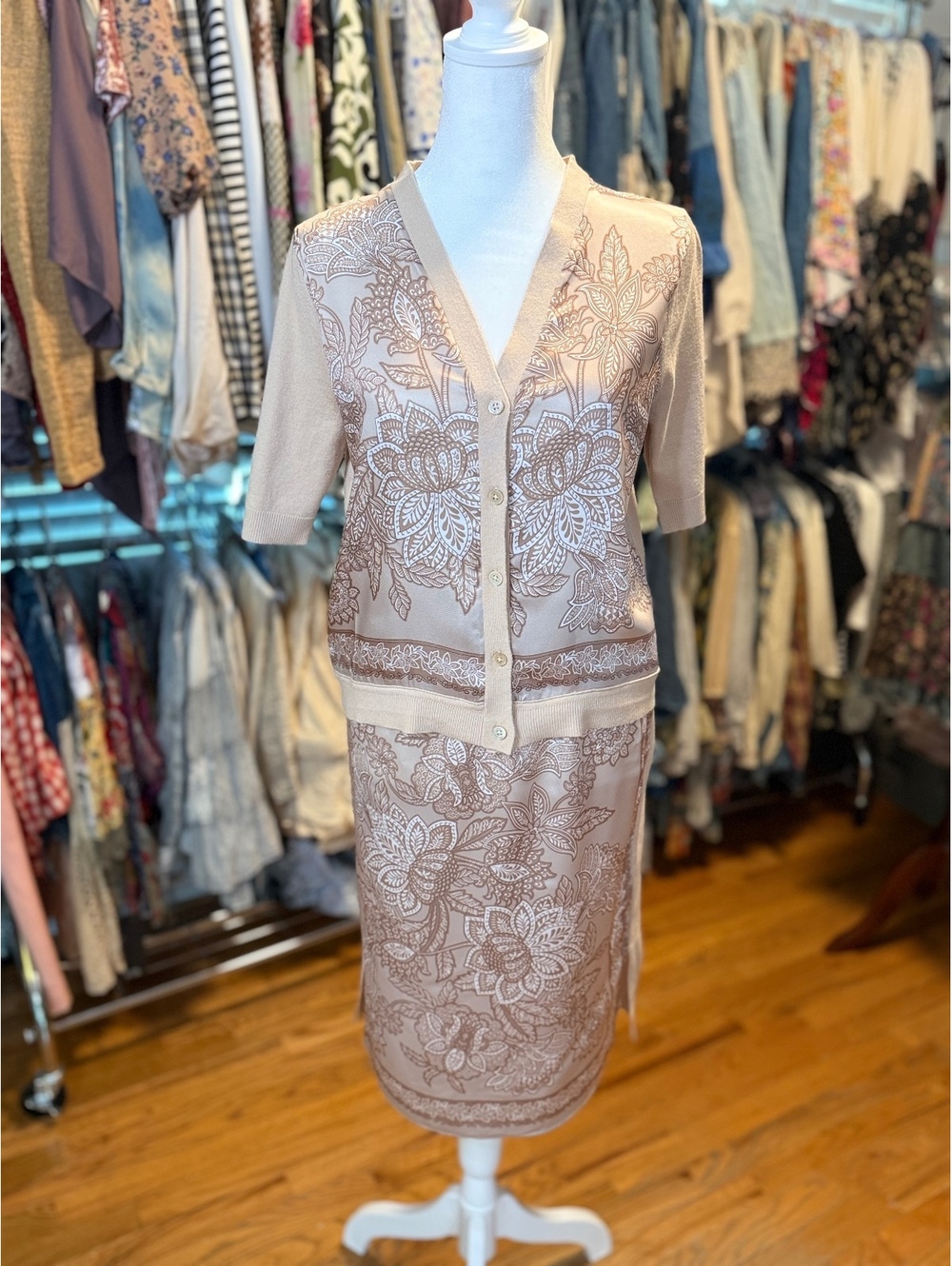 CURRENT AIR Paisley Floral Cardigan Midi Skirt 2 Piece Set Taupe NWT Small